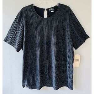 Erena Plus Sz 2X Black Pullover Shiny Blouse Textured Short Sleeves Side Slits